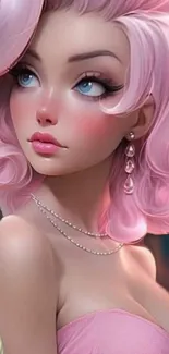 Elegant artwork of a woman with pink hair and fashionable earrings.