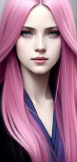 Elegant character with long pink hair and enchanting eyes in a fantasy style.