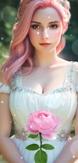 Elegant pink-haired lady in a white dress holding a pink flower in a forest.