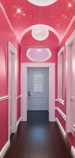 Vibrant pink hallway interior design wallpaper.