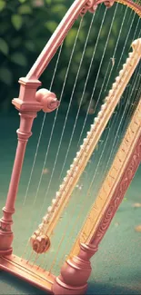 Elegant pink harp against a green leafy backdrop.