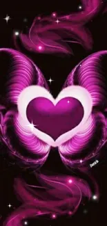 Pink heart with swirls on dark background.