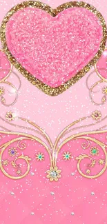 Luxurious pink heart mobile wallpaper with gold accents.