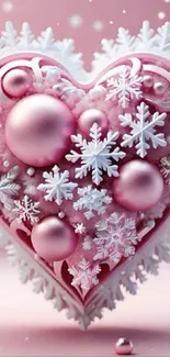 Elegant pink heart with snowflakes on a mobile wallpaper.