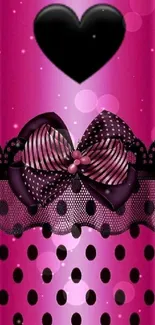 Pink wallpaper with heart, bow, and polka dots.