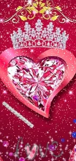 Elegant pink heart wallpaper with crown and sparkling jewels.