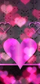 Elegant mobile wallpaper with a vibrant pink heart on a black background.