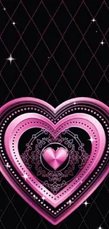 Elegant pink heart with lace pattern on black background.