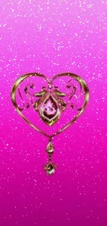 Pink heart wallpaper with golden design on mobile.