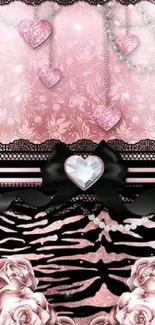 Elegant pink heart wallpaper with lace and floral patterns.