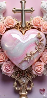 Elegant heart with roses and doves on pink background.