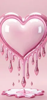 Pink heart with glitter and liquid drips on a pink background.