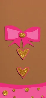 Elegant wallpaper with pink bow and glitter hearts on brown background.