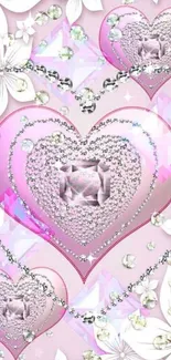 Elegant pink heart wallpaper with jewels and floral accents.