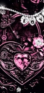 Elegant pink heart wallpaper with floral and jewelry design.