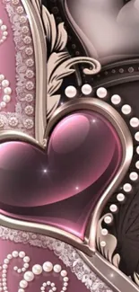 Elegant pink heart wallpaper with pearls and intricate details.