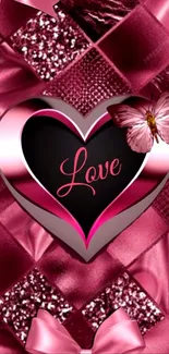 Pink heart with butterfly on patterned background.
