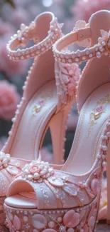 Elegant pink high heels with floral details.