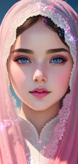 A woman with blue eyes wearing a pink hijab in a digital portrait.