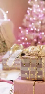 Elegant Christmas wallpaper with pink gifts and glittering tree.