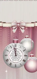 Elegant pink holiday wallpaper with ornaments and a clock design.