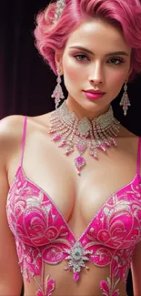 Elegant woman in ornate pink fashion with jewelry on mobile wallpaper.