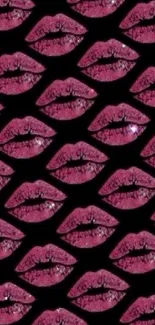 Stylish deep pink lips pattern on a black background mobile wallpaper.