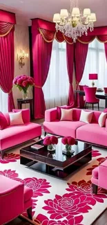 Elegant pink living room with sofas and chandelier.