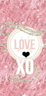 Pink plush wallpaper with LOVE XO text and glitter accents.