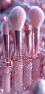 Elegant pink makeup brushes with glistening details on a soft backdrop.