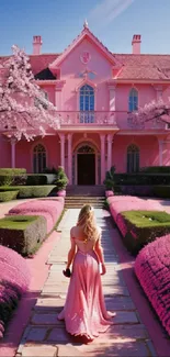 Woman walking towards elegant pink mansion surrounded by blooming trees.