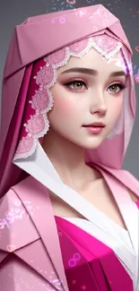 Elegant pink origami-style portrait of a lady with intricate detailing.