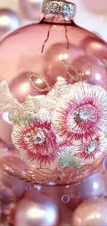 Pink Christmas ornament with delicate floral embroidery.