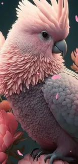 Elegant pink parrot with flowers wallpaper for mobile.