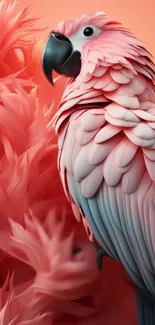 Pink parrot with detailed feathers on a coral background.