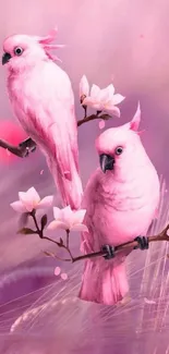 Elegant pink parrots on blossoming branches.