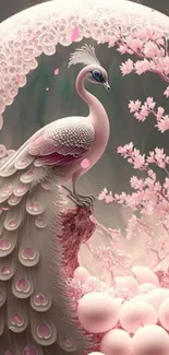 Pink peacock in a surreal floral setting mobile wallpaper.