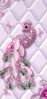 Pink peacock with jewels and floral accents on a light background.