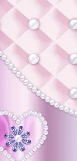 Elegant pink wallpaper with pearls and a heart design.