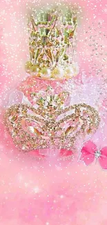 Luxurious pink perfume bottle with jewels on a soft pink background.