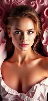 Portrait of a woman surrounded by pink patterns.