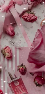 Pink roses and petals with sparkles in a soft, elegant design.