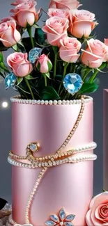 Elegant arrangement of pink roses with diamonds and pearls.