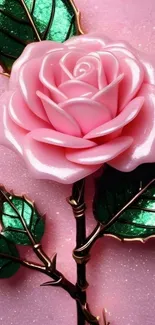 Elegant pink rose with glossy green leaves on artistic background.