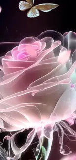 Translucent pink rose with butterfly in digital art wallpaper.