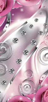 Pink rose and silver swirl mobile wallpaper.