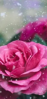 Pink rose with snowflakes gracefully falling.