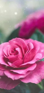 Close-up of elegant pink rose blossom with green leaves.