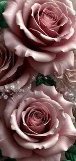 Elegant pink roses with lush green leaves in a serene floral design.