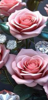 Mobile wallpaper featuring elegant pink roses with sparkling jewels.